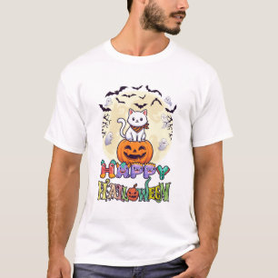 Camiseta Feliz Halloween Gato Branco Abóbora Lua Morcegos F