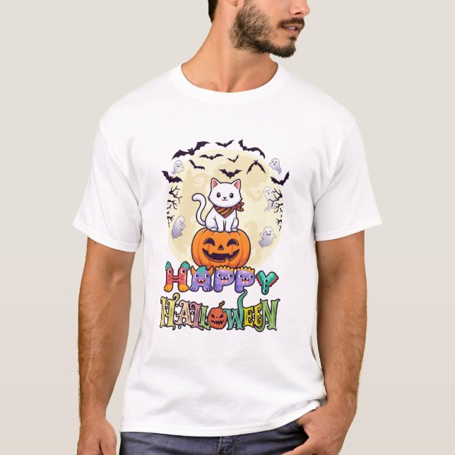 Camiseta Feliz Halloween Gato Branco Abóbora Lua Morcegos F (Frente)
