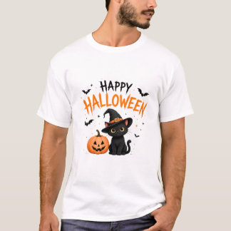 Camiseta Feliz Halloween Gato Preto Bruxa Fofo Halloween