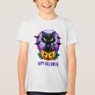 Camiseta Feliz Halloween Gato Preto no Abóbora