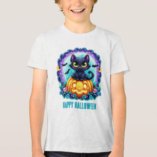 Camiseta Feliz Halloween Gato Preto no Abóbora