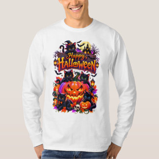 Camiseta Feliz Halloween – Gatos Pretos Assustadores & Bril