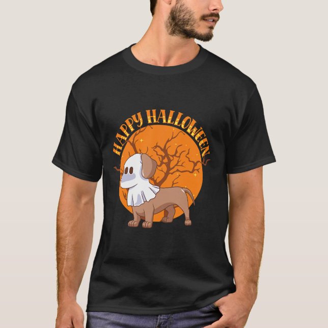 Camiseta Feliz Halloween Ghost Dachshund Lover (Frente)