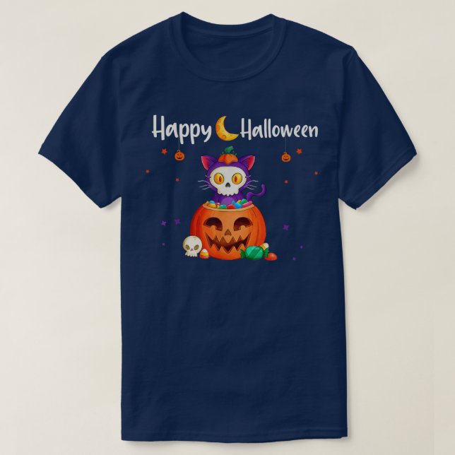 Camiseta Feliz Halloween JackOLanterna Pumpkin Cat Engraçad (Frente do Design)
