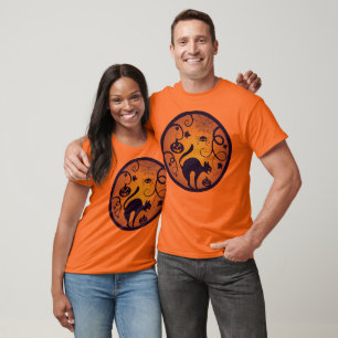 Camiseta Feliz Halloween lanterna gato preto aranhas e morc