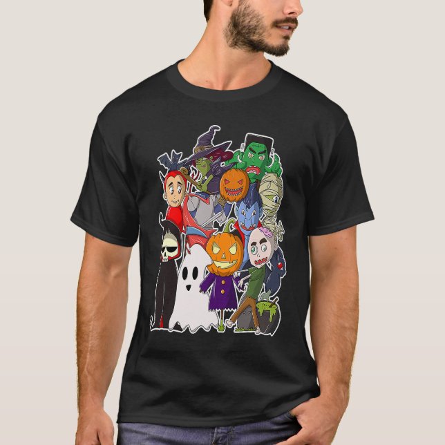 Camiseta Feliz Halloween Monstros Assustadores Saindo (Frente)