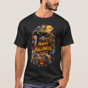 Camiseta Feliz Halloween Monstros Clássicos Horror Vintage