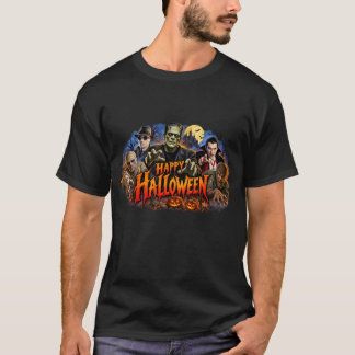 Camiseta Feliz Halloween Monstros Clássicos Horror Vintage