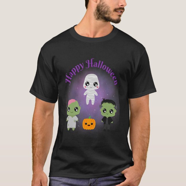 Camiseta Feliz Halloween Monstros Mummy Frankenstein Zombie (Frente)