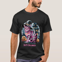Camiseta Feliz Halloween Noite enluarada Gato Rosa Fofo Ass