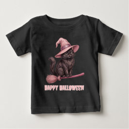 Camiseta Feliz Halloween Pinkoween Gato Bruxa Preto Vintage