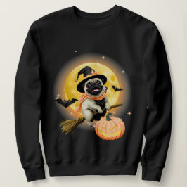 Camiseta Feliz Halloween Pug Dirigindo uma vassoura voadora