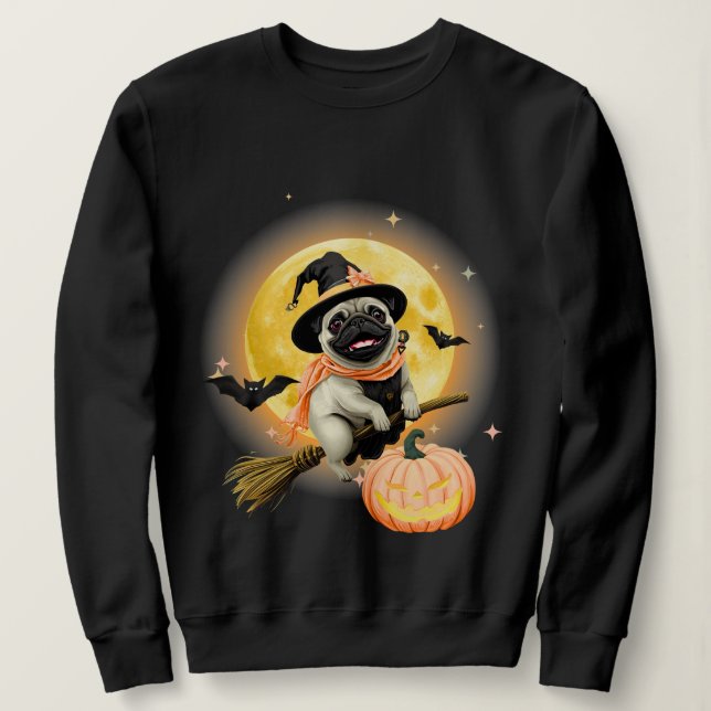 Camiseta Feliz Halloween Pug Dirigindo uma vassoura voadora (Frente do Design)