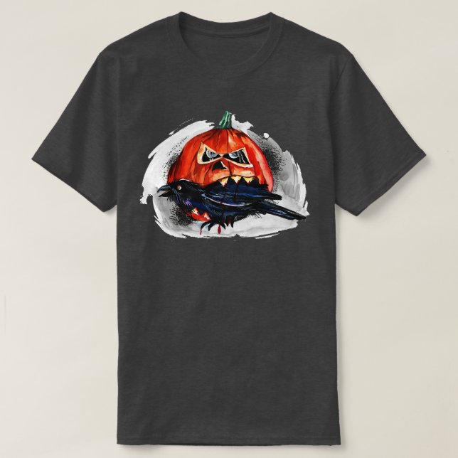Camiseta Feliz Halloween Pumpkin Comendo Raven (Frente do Design)