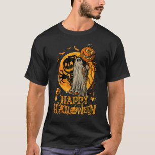 Camiseta Feliz Halloween Pumpkin Ghost Autumn Leaves Graphi