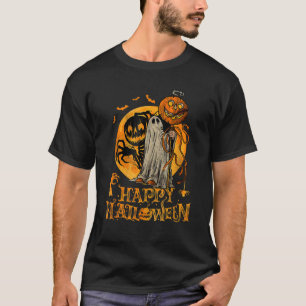 Camiseta Feliz Halloween Pumpkin Ghost Autumn Leaves Graphi