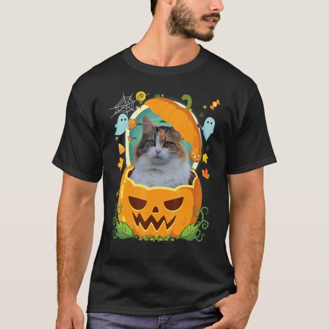 Camiseta Feliz Halloween Pumpkin Manx Cat Witch Cute Hat H (Frente)