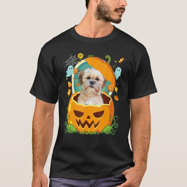 Camiseta Feliz Halloween Pumpkin Shichon Dog Witch Cute Hat (Frente)