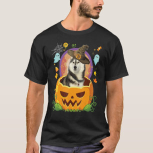 Camiseta Feliz Halloween Pumpkin Siberian Husky Dog Witch C