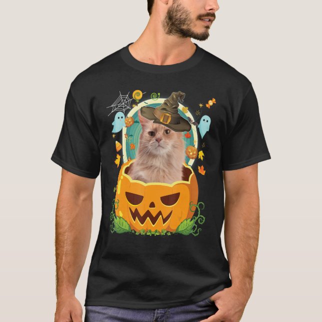 Camiseta Feliz Halloween Pumpkin Somali Cat Witch Cute Hat (Frente)