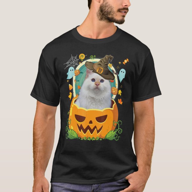 Camiseta Feliz Halloween Pumpkin Turco Angora Cat Witch C (Frente)