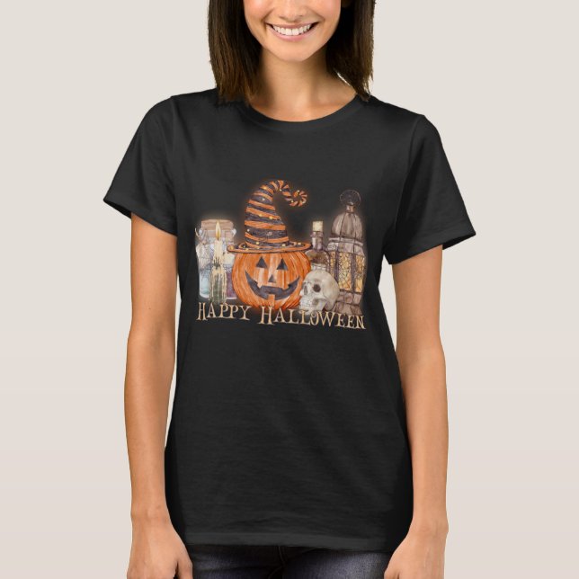 Camiseta Feliz Halloween Pumpkin Watercolor (Frente)