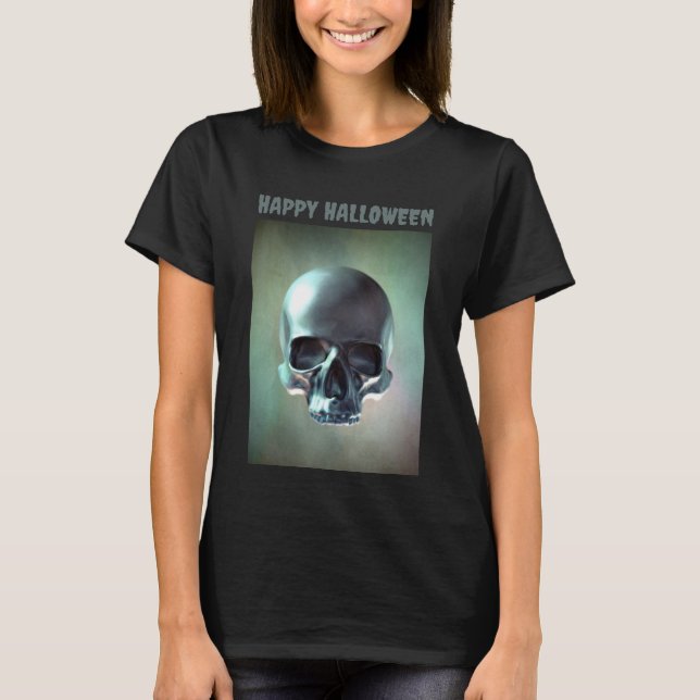Camiseta Feliz Halloween. Renderização de caveira 3D (Frente)
