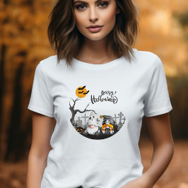 Camiseta Feliz Halloween Retro Gnomos no Cemitério