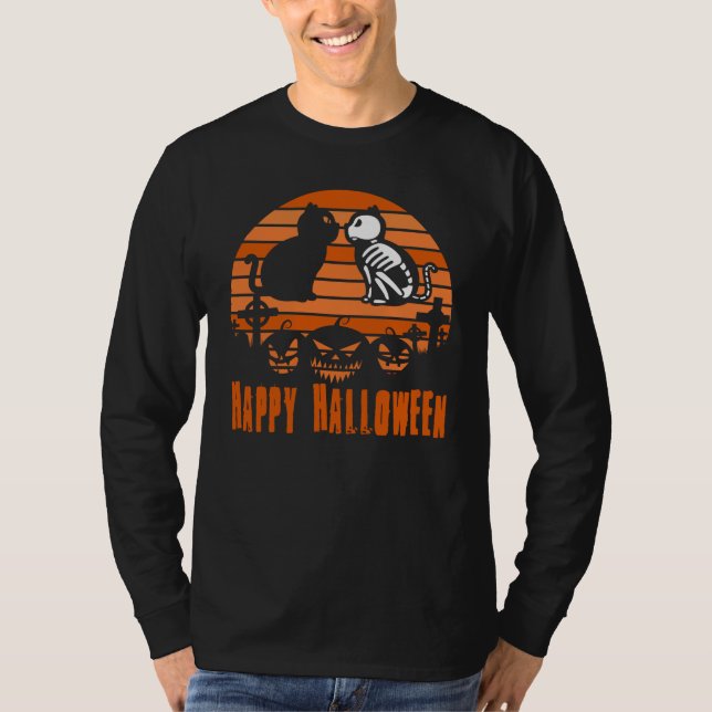 Camiseta Feliz Halloween Skeleton Cat Retro Sunset (Frente)