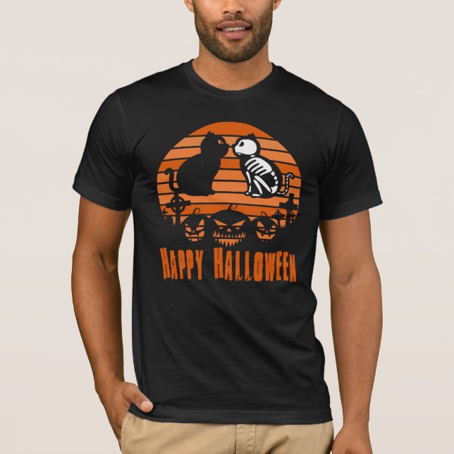 Camiseta Feliz Halloween Skeleton Cat Retro Sunset (Frente)