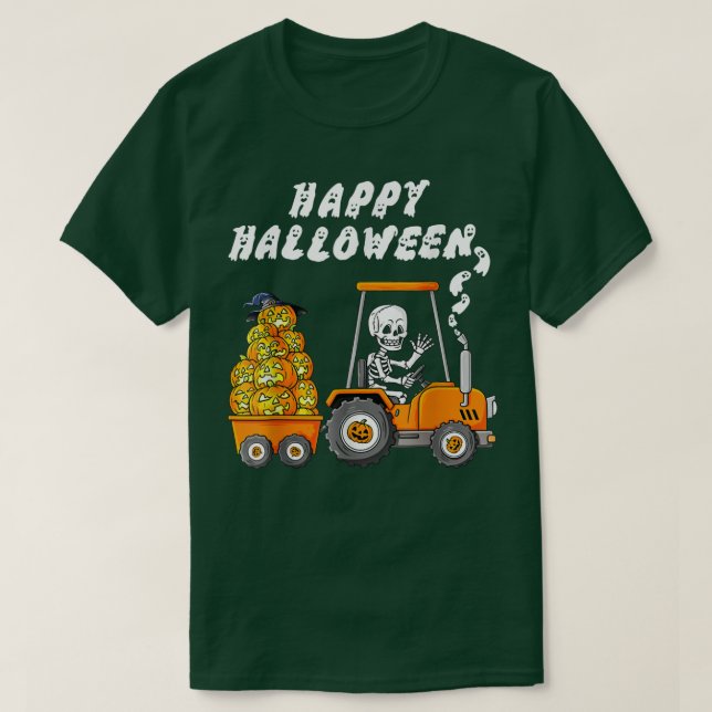 Camiseta Feliz Halloween Skeleton Riding Trator Boys Crianç (Frente do Design)