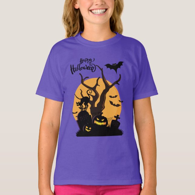 Camiseta Feliz Halloween Spooky Night Silhouettes Girl (Frente)