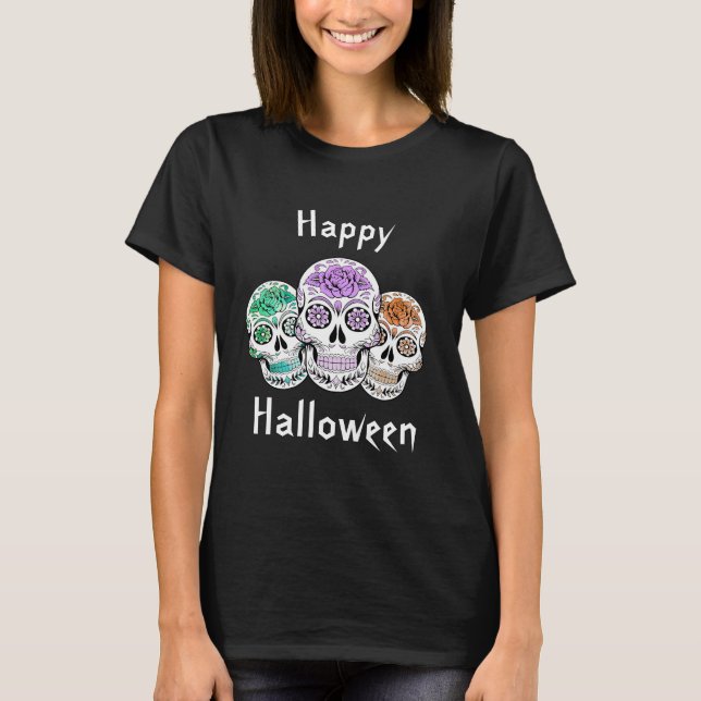 Camiseta Feliz Halloween Sugar Skulls (Frente)