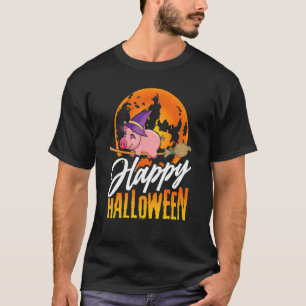 Camiseta Feliz Halloween u2013 Witch Pig Flying Broom Hallo