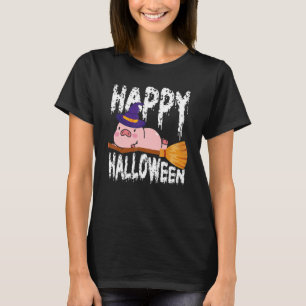 Camiseta Feliz Halloween u2013 Witch Pig Flying Broom Hallo