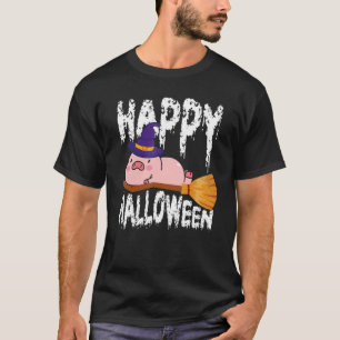 Camiseta Feliz Halloween u2013 Witch Pig Flying Broom Hallo