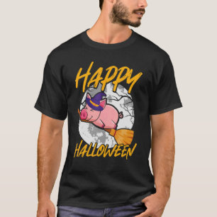 Camiseta Feliz Halloween u2013 Witch Pig Flying Broom Hallo