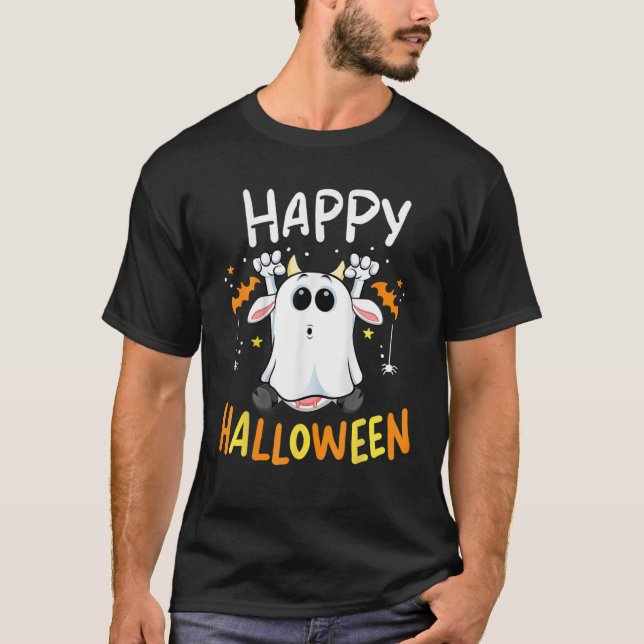 Camiseta Feliz Halloween Vaca Fantasma Vaca Fazenda Hallowe (Frente)