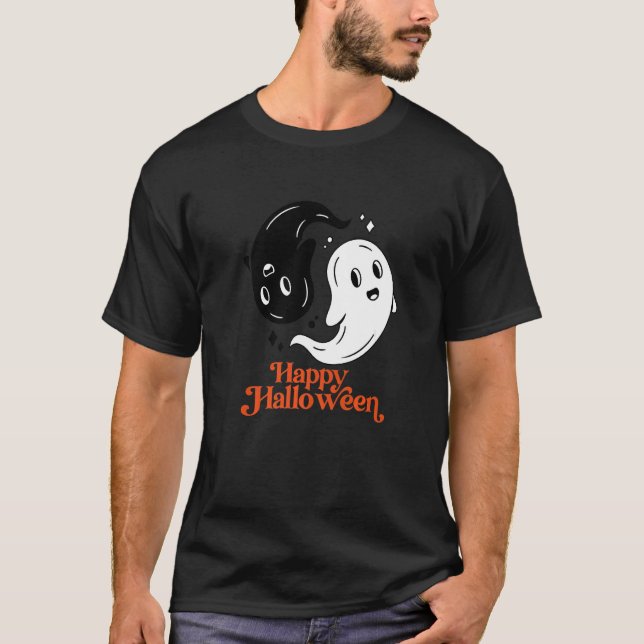 Camiseta Feliz Halloween Yin e Yang Black e White Ghost (Frente)