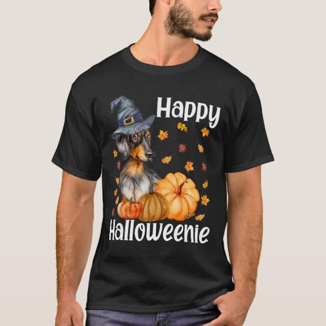 Camiseta Feliz Halloweenie Halloween Dachshund Witener (Frente)