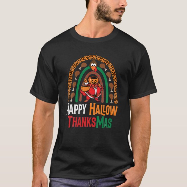 Camiseta Feliz Hallowthanksmas Lepard Rainbow Pl Natal (Frente)