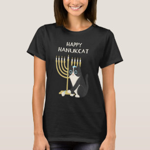 Camiseta Feliz Hanukca Gato Preto Menorá Hanukkah Engraçado
