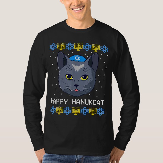 Camiseta Feliz Hanukcat Ugly Hanukkah Sweater Cat Chanukah (Frente)