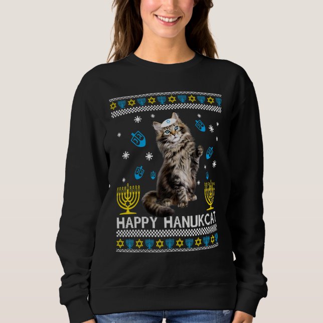 Camiseta Feliz Hanukcat Ugly Hanukkah Sweater Maine Coon Ca (Frente)