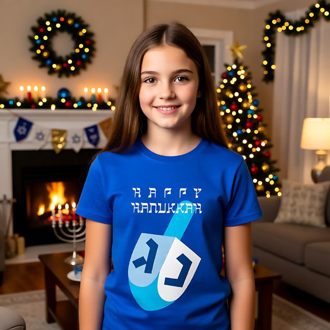 Camiseta Feliz Hanukkah 2 com Dreidel azul (Happy Hanukkah 2 with blue Dreidel T-Shirt)