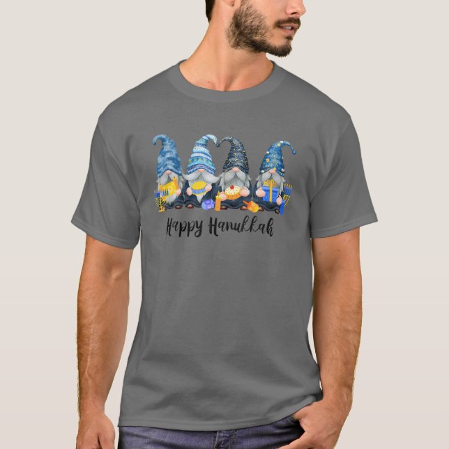 Camiseta Feliz Hanukkah Gnomos Menorah Dreidel Cute Gnomo J (Frente)