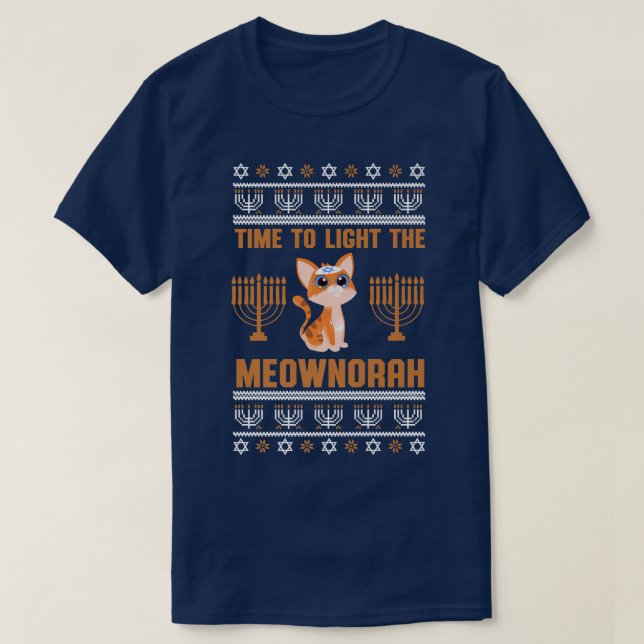 Camiseta Feliz Hanukkah Meownorah Gato Judeu Menorah Engraç (Frente do Design)