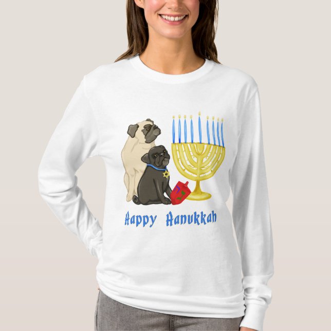Camiseta Feliz Hanukkah Pugs com Menorah (Frente)