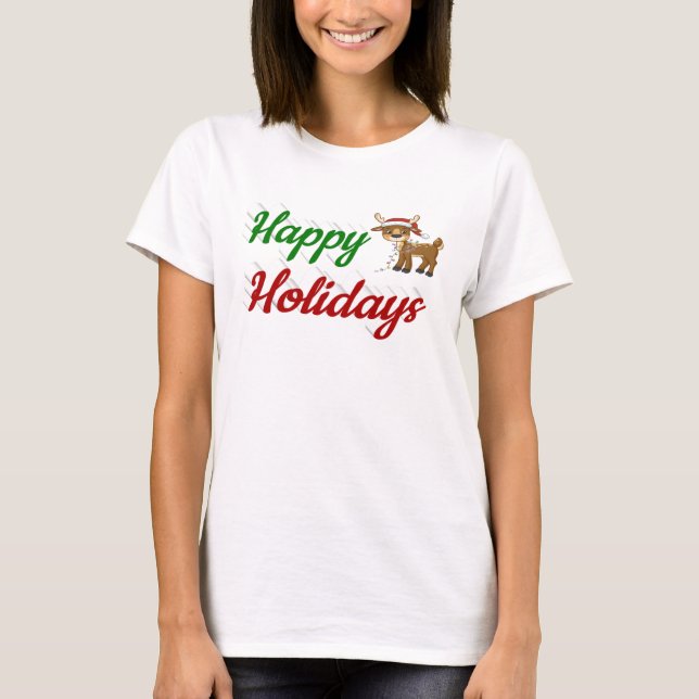 Camiseta Feliz Holidays Reindeer Script de Natal (Frente)
