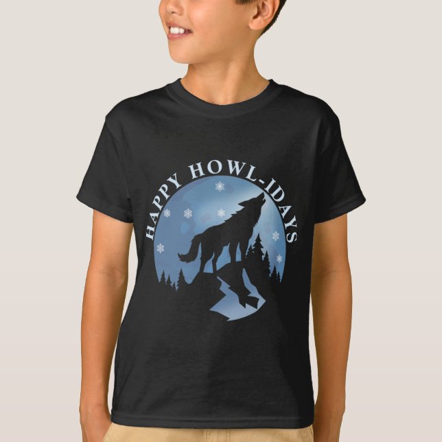 Camiseta Feliz Howlidays com Howling Wolf e Lua (Frente)